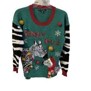 United States Sweater Ugly Jingle Bells Zebra Pom Poms Fringe Sz M